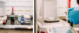 Compounding process showing ingredients and precise weighing of medication in pharmacy lab