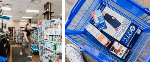 Aisles inside Kipp-Mallery Pharmacy in Kamloops with home health care products, personal care items, and pharmacy essentials.