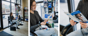 Customer seated inside Kipp-Mallery Pharmacy reading a cold and flu information brochure.
