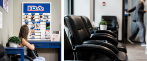 Kipp-Mallery Pharmacy waiting area with patient information resources and comfortable seating.