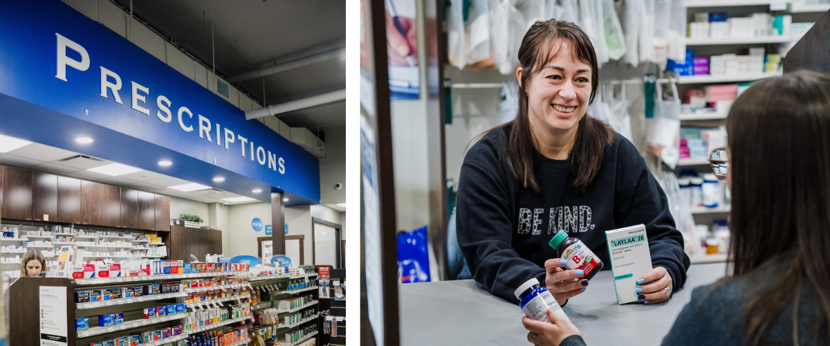 Interior of Kipp-Mallery Pharmacy showing the prescription counter and a friendly pharmacist assisting a customer with medications.