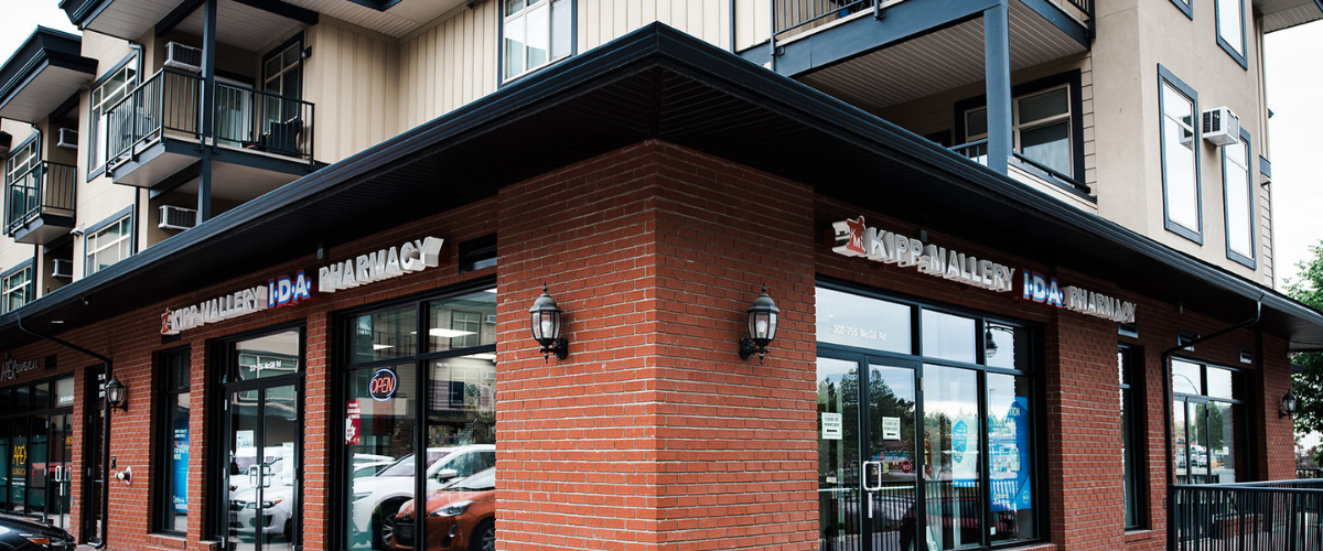 Street view of Kipp-Mallery I.D.A. Pharmacy in Kamloops, British Columbia, providing prescription medications and pharmacy services.