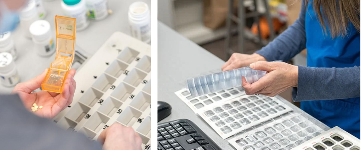 Close-up of pharmacy staff organizing prescription pills into medication blister packs to help patients manage daily doses safely and conveniently.